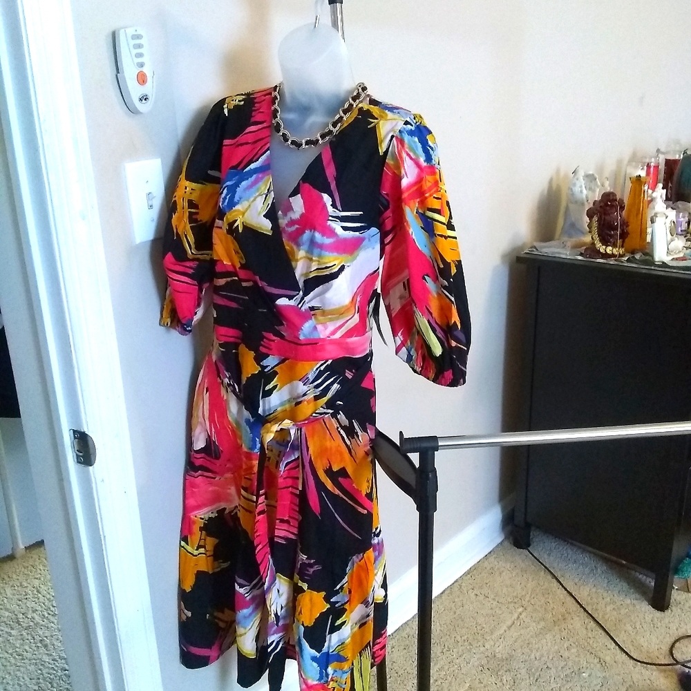 New York &Co puff sleeve wrap dress black